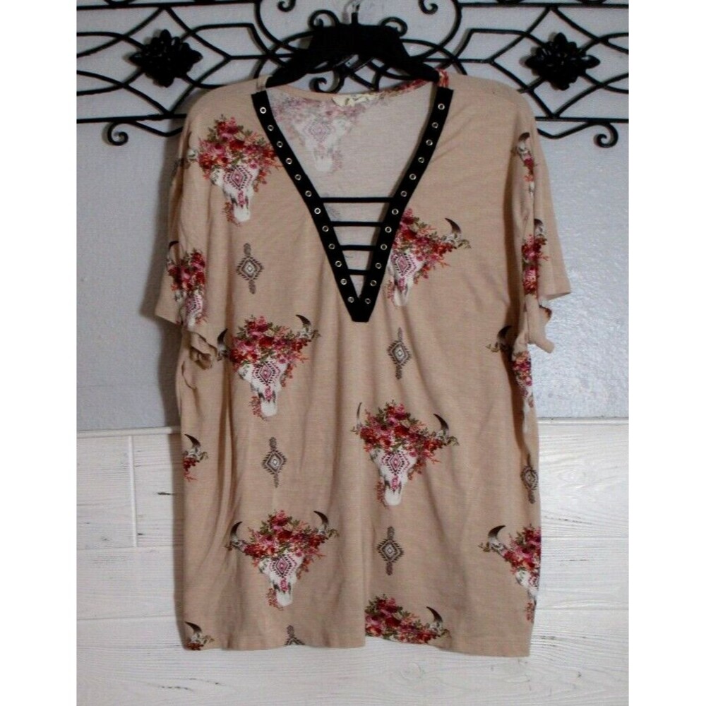 Entro Oversized Knit Women's Top Size L Short Sleeve Multicolored Floral V Neck